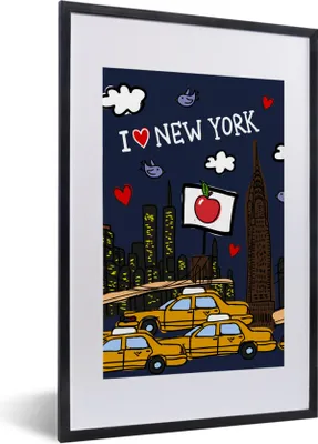 Produktbild von MuchoWow® MuchoWow® Gerahmtes Poster New York - Nacht - Zeichnung 40x60 cm - Poster mit zchwarzem Bilderrahmen - Poster in Rahmen