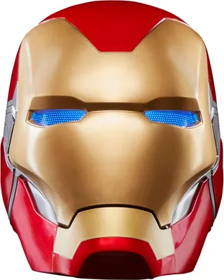 A close-up front view of an Iron Man helmet.
