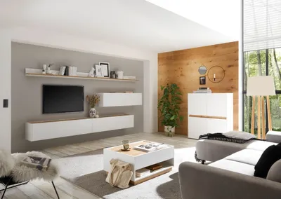 Produktbild von Komplettes Wohnzimmer Set CRISP-61 in weiß mit Absetzungen in Wotan Eiche Nb.