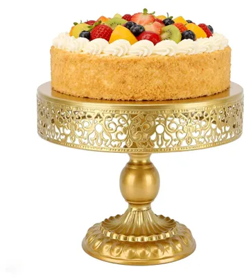Produktbild von Tortenständer, Goldener Kuchenständer aus Eisen, Runde Präsentationsfläche mit Spitzenmuster, Dessertständer für Hochzeiten, Partys und Feiern, Gold (10 Zoll)