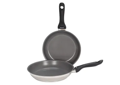 Two frying pans are shown against a white background.