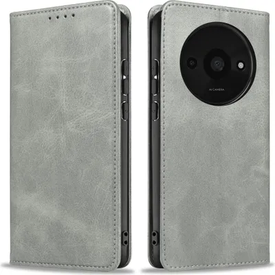A grey flip cover phone case shown from the front and back.