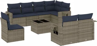 Produktbild von vidaXL 9-teiliges Gartensofa-Set mit Kissen, grau, Polyrattan