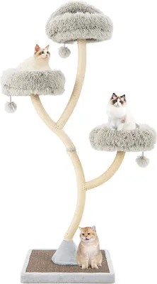 A multi-tiered cat tree with three platforms and scratching posts, featuring three cats.
