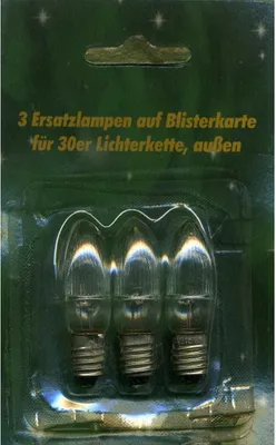 A package containing three replacement light bulbs for a string of lights.