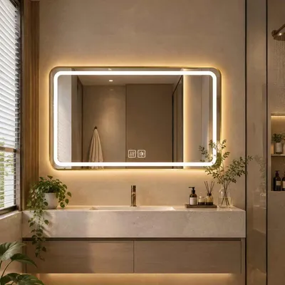 Produktbild von Zimilo LED Badspiegel 80x50 cm mit Beleuchtung & Goldrahmen: Touch-Schalter, 3 Lichtfarben, Intelligente Anti-Beschlag-Funktion & Splitterschutzglas