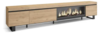 TV-Lowboard mit LED-Kamin, 288x57x35 cm, Eiche, Industrie-Design