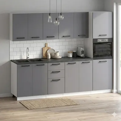Produktbild von ULWEHOME | Küchenzeile 260 cm Anthrazit, Küchenmöbel-Set mit Arbeitsplatten 2,6 m, Backofen-Hochschrank, Küchenblock, Spülenschrank