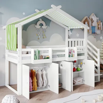 A children's loft bed with a house-like canopy and integrated storage, set in a decorated room.