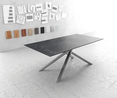 Produktbild von DELIFE Esstisch Edge 200x100cm Keramik Laminam®Nero Greco Anthrazit Kreuzgestell Rechteck Edelstahl