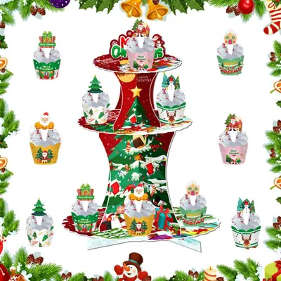 3-stöckiger Papier-Kuchenständer, Weihnachts-Dessertständer, 25-tlg.