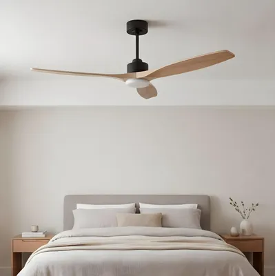 Image de Forlight - Ventilateur de plafond Stem Evo, diamètre 1320 mm, moteur DC silencieux, 30 W + 20 W LED, LED intégrées, température de couleur réglable (CCT) : 3000K - 4000K - 5000K, variateur intégré, couleur noire, pales en bois clair