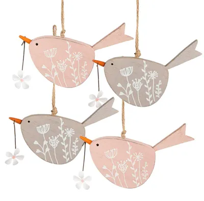 Produktbild von 4 Vogel Anhänger aus Holz Frühlingsdeko Vögel rosa grau 14 cm