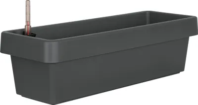 A dark gray rectangular planter box with a water level indicator.