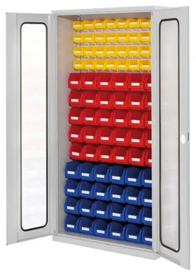 Produktbild von Systemschrank mit Schlitzplatten-Rückwand, Türen mit Sichtfenster, Kästen 24xGr.5,30xGr.6, 32xGr. 7, BxTxH 1000x410x1950 mm, RAL 7035 lichtgrau