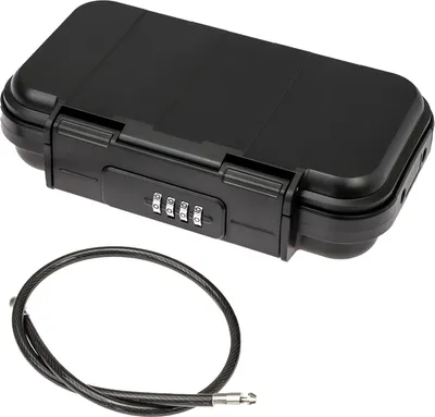 A black portable safe with a combination lock and a steel cable is shown against a white background.
