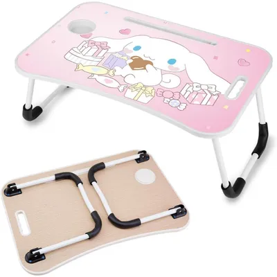 Productafbeelding van Opklapbare laptoptafel met bekerhouder en telefoonhouder, roze hartmotief, 60x40x26 cm