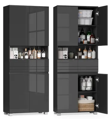 Produktbild von VASAGLE Badezimmerschrank, mit 2 Schubladen, 60 x 30 x 170,5 cm – Tintenschwarz, 2 Türen + 2 Schubladen