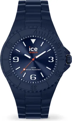 A close-up studio shot of a dark blue Ice-Watch with an orange second hand and orange accents on the dial.