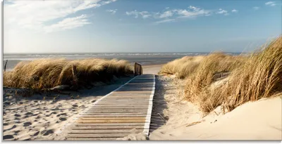 Produktbild von ARTland Glasbild Nordseestrand auf Langeoog - Steg Größe: 100x50 cm