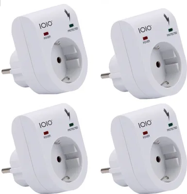 Four white surge protectors are arranged in a grid on a white background.