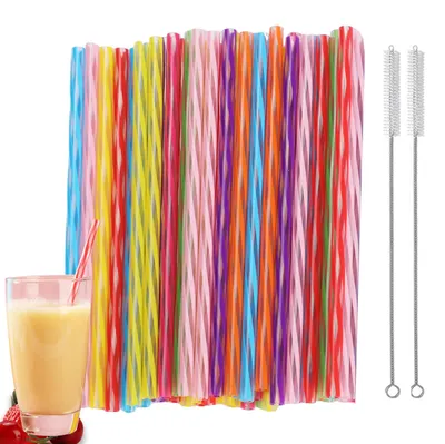 Image de 72 pailles en plastique dur de différentes couleurs, avec 2 brosses de nettoyage