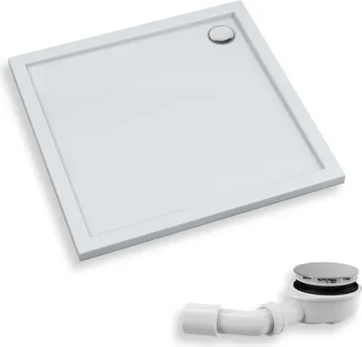 A white square shower tray and a white drain assembly are shown against a white background.