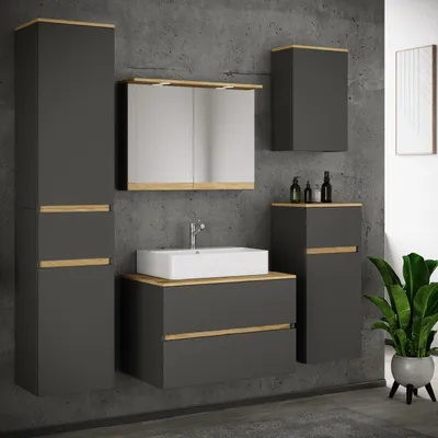 Produktbild von VCM 6-tlg. Waschtisch Set mit Keramikbecken, Badschrank mit 2 Softclose-Schubladen, Hochschrank, Midischrank, Hängeschrank, Spiegelschrank mit Beleuchtung und Steckdose, Maße Unterschrank H. 51 x B. 80 x T. 51 cm, Cosila-A