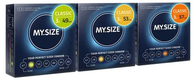 Immagine prodotto di MY.SIZE Preservativi classici confezione di prova da 3 | 49, 53, 57 mm di larghezza | 3x3 pezzi Preservativi premium extra sottili | preservativi fedeli al tatto | 0,07 mm di spessore della parete