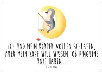 Produktbild von Mr. & Mrs. Panda Schild Pinguin Mond DIN A4 - Weiß - Geschenk, Schlafzimmer, schlafen, tafel, Türschild, Süßigkeiten, Wandbild, Spruch, Blechschild, Neugierig, Metallbild