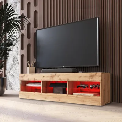A modern living room setup featuring a TV stand with a TV and soundbar.