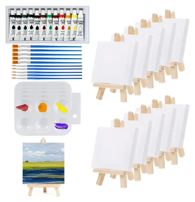 Produktbild von 47 Stück Mini-Leinwand mit Staffelei, Tischstaffelei Set, Leinwand 10x10cm mit 12 Acrylfarben, Pinseln und rechteckiger Palette zum Zeichnen und Malen