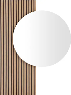 A round mirror is placed over a section of wooden acoustic panels.