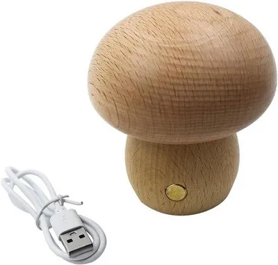 Obrázek produktu pro Stolní lampa "Paddestoel" - Noční lampička z dřeva - Vytváří příjemnou atmosféru - Nabíjení přes USB - Rozměry: 10x10x9 cm - Barva: dřevo
