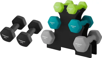 Produktbild von SONGMICS Hanteln, Hantelset 2 x 5 kg, Kurzhanteln mit Hantelständer 2 x 1 kg, 2 x 2 kg, 2 x 3 kg, Krafttraining, zu Hause, im Büro, Fitnessstudio, schwarz, limettengrün, aquamarin und hellgrau SYL60GN