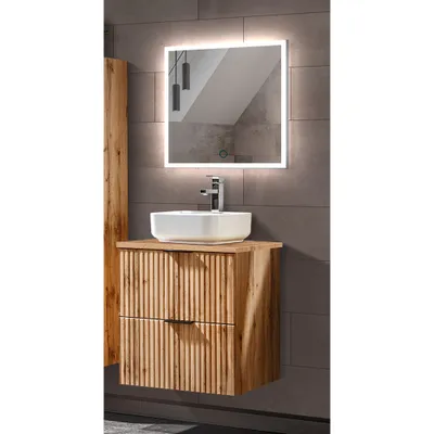 Produktbild von Badezimmermöbel Set Wotaneiche Rillenoptik ADELAIDE-56 LED-Spiegel & Waschtisch mit Keramikbecken, B/H/T 60,6/200/46,5 cm