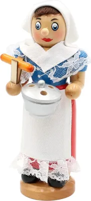 Räuchermännchen Würschtle Frau  in traditioneller Tracht. Sie trägt blaues Kleid mit weißen Spitzen.