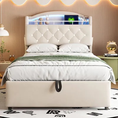 Image de Lit d'enfant rembourré 90x200, velours Lit simple multifonctionnel avec espace de rangement avec LED et USB Beige