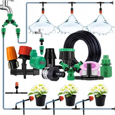 Produktbild von Automatisches Bewässerungssystem Tropfbewässerung Set 50m – Gartenbewässerung für Gewächshäuser & Beete – Einstellbare Tropfer & Sprühdüsen – Wassersp