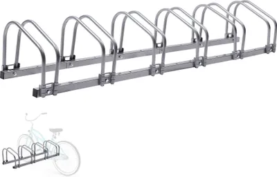 Zdjęcie produktu dla Stojak rowerowy AREBOS na 5 rowerów, wielokrotny stojak rowerowy z rozstawem kół 21 cm, uchwyt rowerowy na opony o szerokości 35-60 mm, stojak rowerowy 130 x 30 x 26 cm
