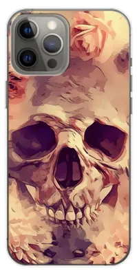 A close-up view of a phone case with a skull and flower design.