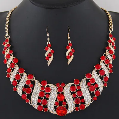 Produktbild von Strass eingelegte Kette Halskette Haken Ohrringe Braut Hochzeit Party Schmuckset-Schwarz