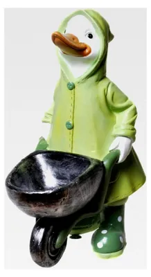 Produktbild von Gartenfigur, Ente mit Regenmantel und Schubkarre, wetterfeste Dekoration für den Garten