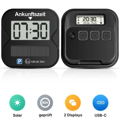 Produktbild von Elektronische Parkscheibe Solar mit Zulassung – 2 Displays, Vollautomatisch, wiederaufladbar statt Batterie – Digitale Parkuhr fürs Auto, Type-C,StVO
