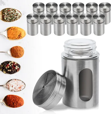 Obrázok produktu pre VINGO 12 strieborných sklenených nádobiek na korenie, sada koreničiek z nehrdzavejúcej ocele 80 ml, s okienkom a 3 veľkosťami posypu na uskladnenie čajových byliniek a korenia