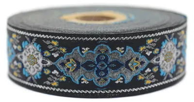 Jacquard-Band, Ottoman-Muster, 10 m x 28 mm, marineblau/silber