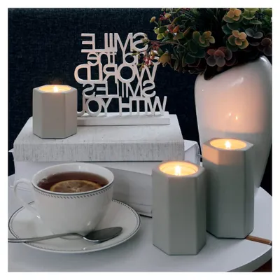 Produktbild von 3er Set Teelichthalter Ø6x6/8,5/10cm - Kerzenhalter in Beton-Optik - Stein Kerzenständer für Teelichter Tischdeko