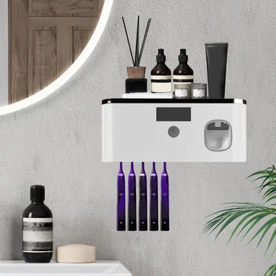 Produktbild von Zahnbürstenhalter,Zahnbürstenhalter zur Wandmontage mit Automatischem Zahnpastaspender,Zahnbürstenhalter Sterilisator für 5 Zahnbürsten,Halter für UV-Zahnbürsten-Desinfektionsmittel(Grau+Schwarz)