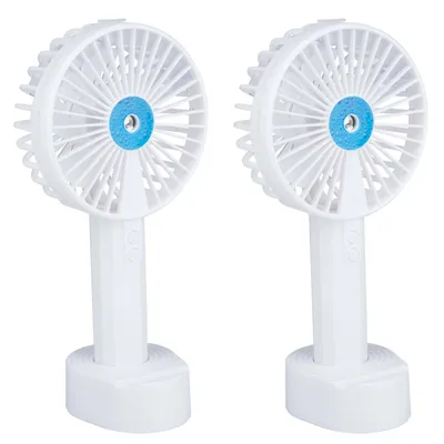 Two white portable spray fans are shown side-by-side against a white background.
