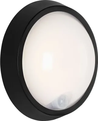 A black and white circular LED outdoor light with a motion sensor.